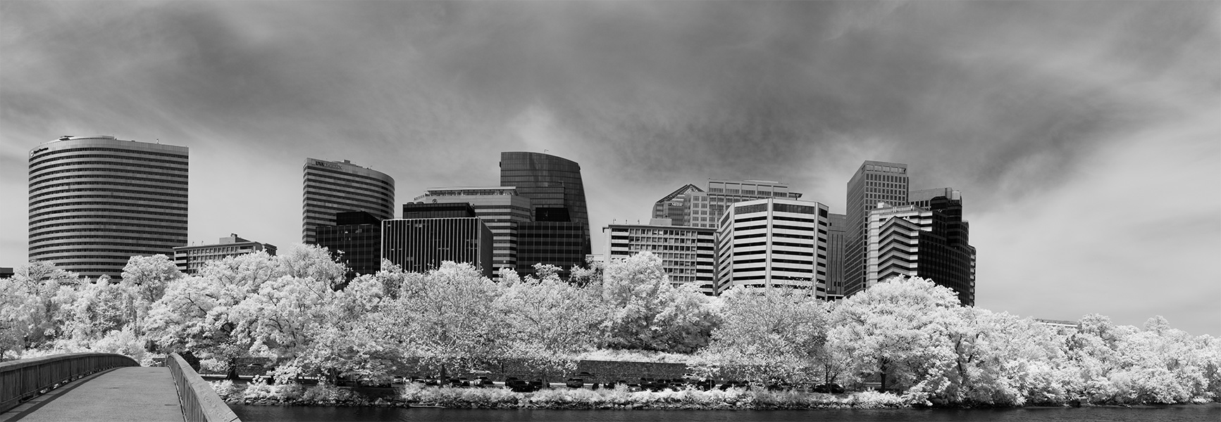 Infrared Panorama of a Cluster of Modern Office Buildings.